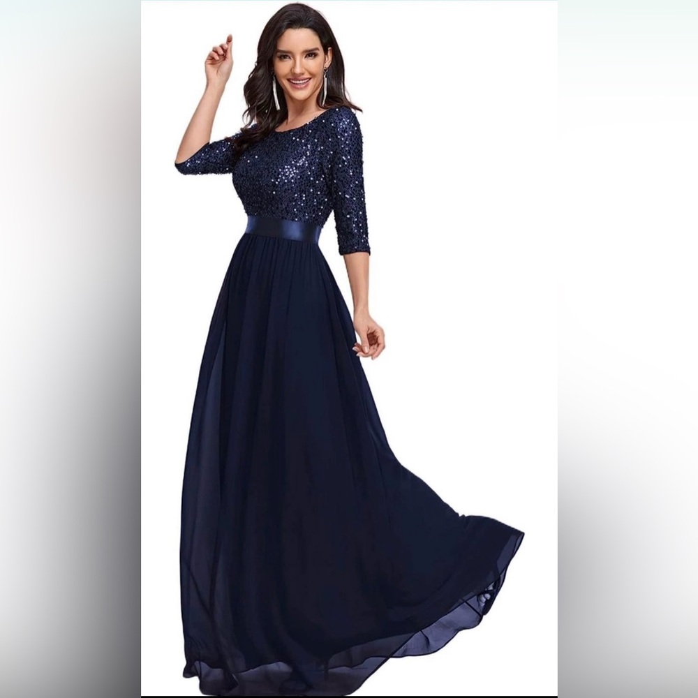 Ever-Pretty Elegant A Line Crew Neck Half Sleeve Sequin Maxi Evening Dress